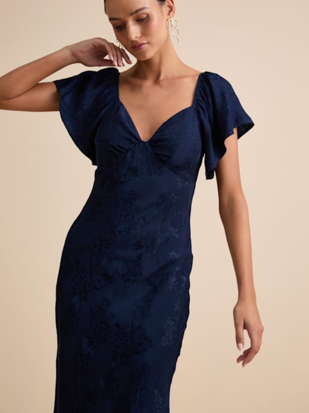 Lulus Effervescent Afternoon Navy Satin Flutter Sleeve Midi Dress Blue - Size L